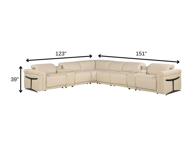 Beige Italian Leather Modular L Shaped Eight Piece Corner Sectional With Console