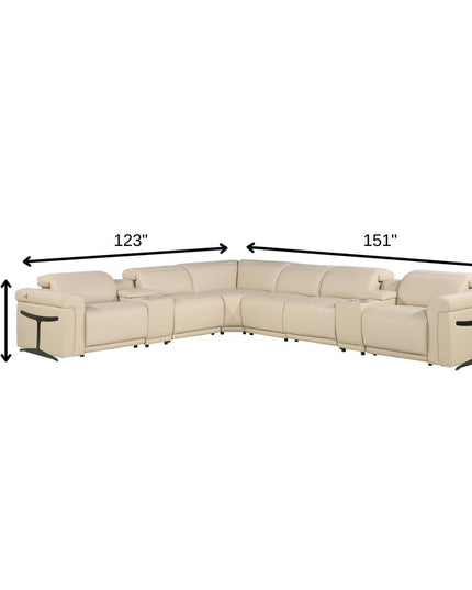 Beige Italian Leather Modular L Shaped Eight Piece Corner Sectional With Console