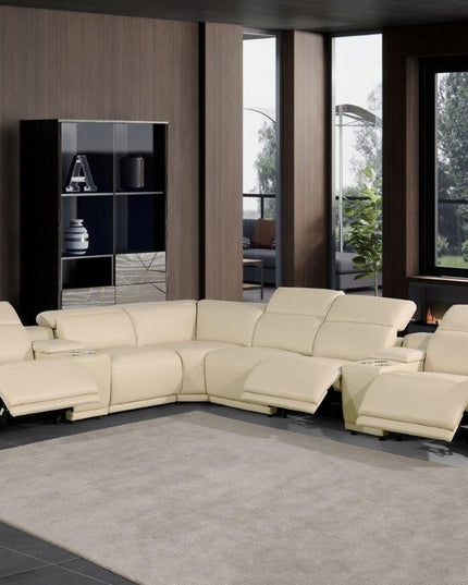 Beige Italian Leather Modular L Shaped Eight Piece Corner Sectional With Console