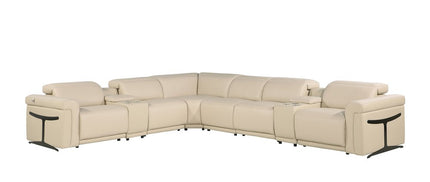 Beige Italian Leather Modular L Shaped Eight Piece Corner Sectional With Console