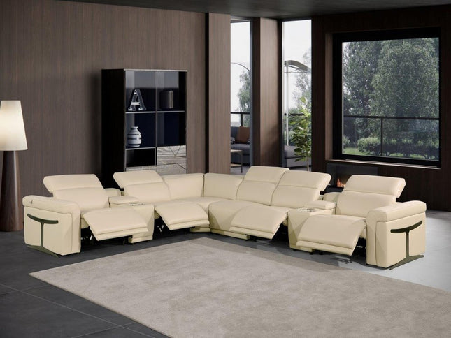Beige Italian Leather Modular L Shaped Eight Piece Corner Sectional With Console