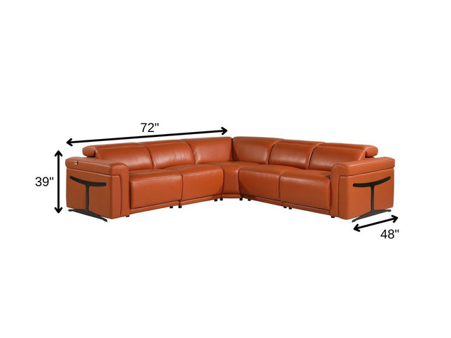 Camel Italian Leather Modular L Shaped Five Piece Corner Sectional