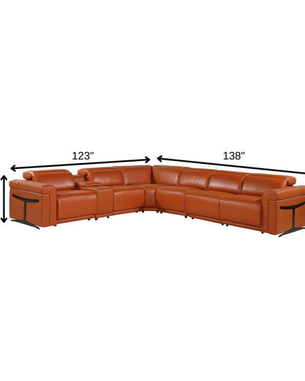 Camel Italian Leather Modular L Shaped Seven Piece Corner Sectional With Console
