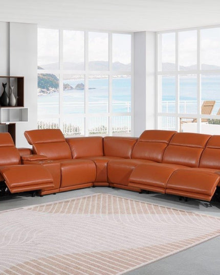 Camel Italian Leather Modular L Shaped Seven Piece Corner Sectional With Console