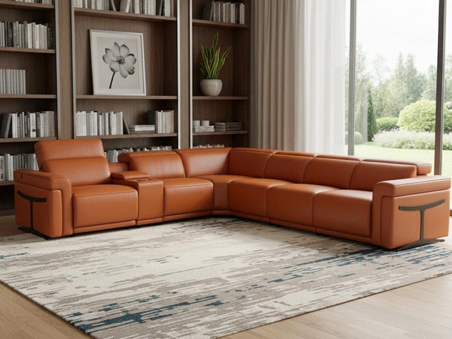 Camel Italian Leather Modular L Shaped Seven Piece Corner Sectional With Console