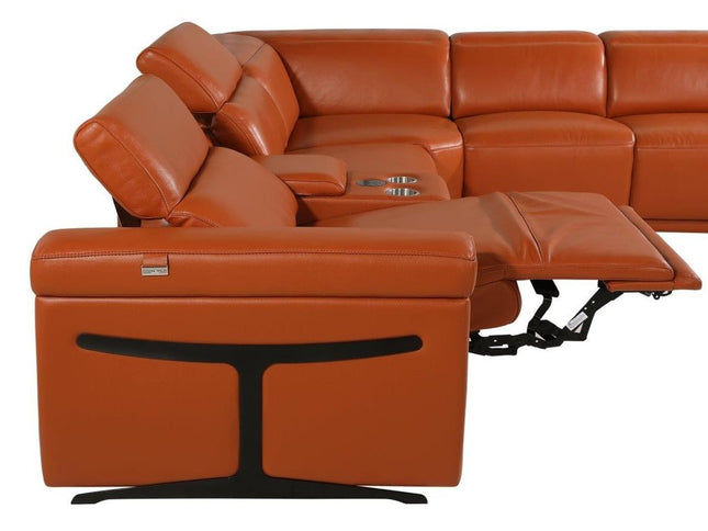 Camel Italian Leather Modular L Shaped Seven Piece Corner Sectional With Console