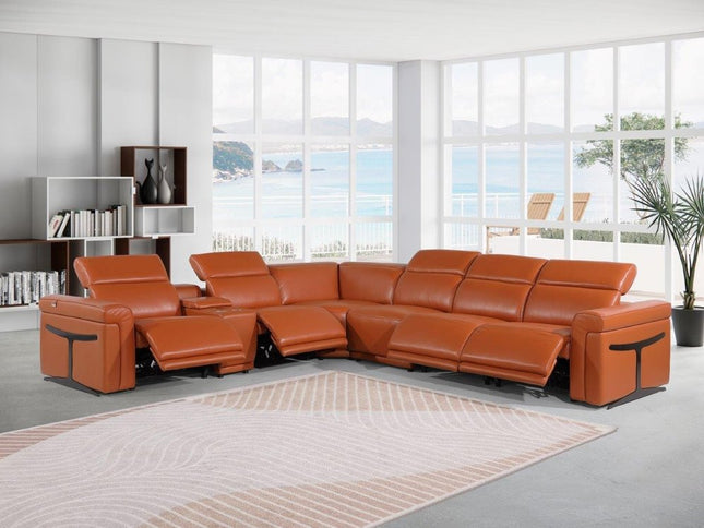 Camel Italian Leather Modular L Shaped Seven Piece Corner Sectional With Console