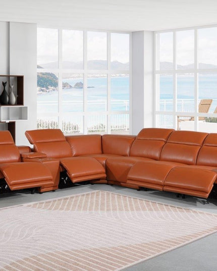 Camel Italian Leather Modular L Shaped Seven Piece Corner Sectional With Console