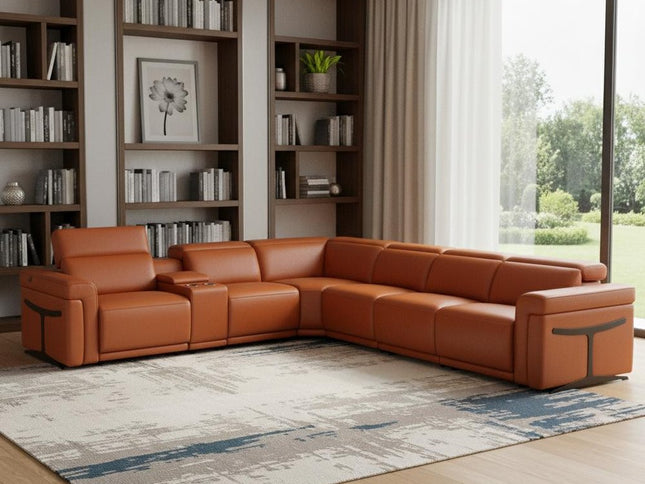 Camel Italian Leather Modular L Shaped Seven Piece Corner Sectional With Console