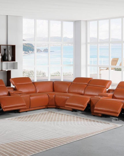 Camel Italian Leather Modular L Shaped Eight Piece Corner Sectional With Console