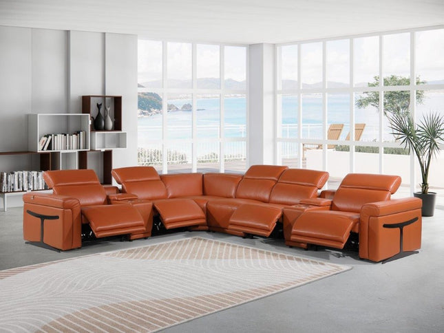 Camel Italian Leather Modular L Shaped Eight Piece Corner Sectional With Console