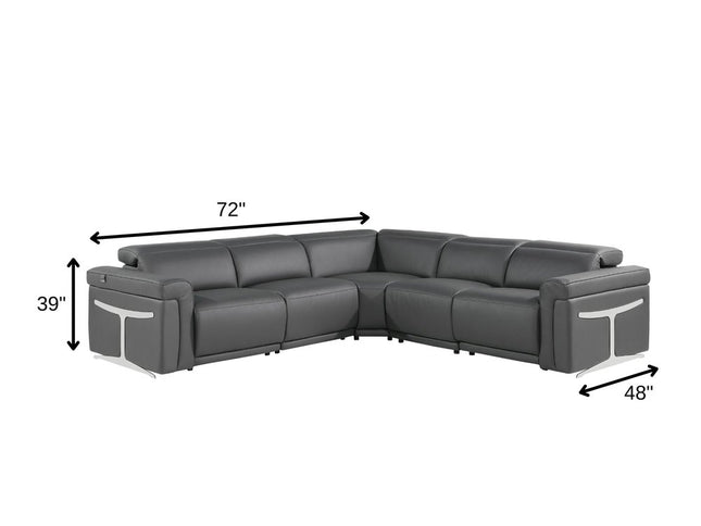 Gray Italian Leather Modular L Shaped Five Piece Corner Sectional
