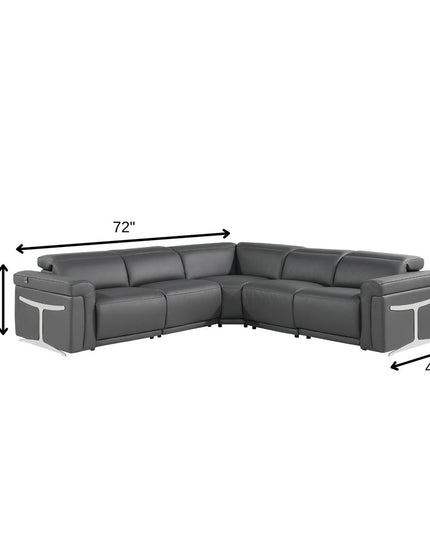 Gray Italian Leather Modular L Shaped Five Piece Corner Sectional