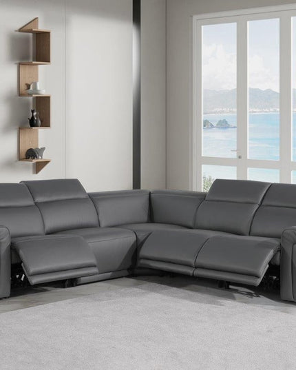 Gray Italian Leather Modular L Shaped Five Piece Corner Sectional