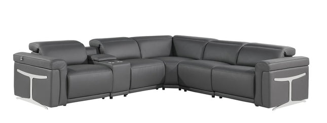 Gray Italian Leather Modular L Shaped Six Piece Corner Sectional With Console