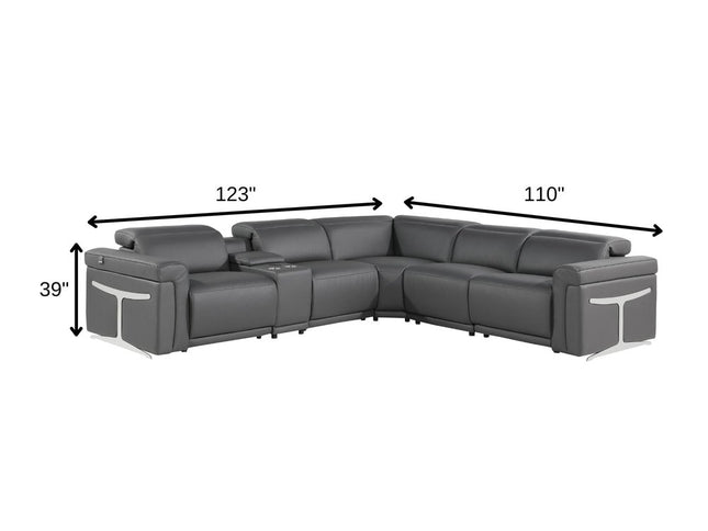 Gray Italian Leather Modular L Shaped Six Piece Corner Sectional With Console