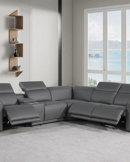 Gray Italian Leather Modular L Shaped Six Piece Corner Sectional With Console