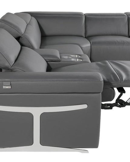 Gray Italian Leather Modular L Shaped Six Piece Corner Sectional With Console