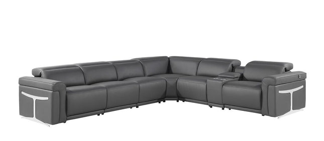 Gray Italian Leather Modular L Shaped Seven Piece Corner Sectional With Console