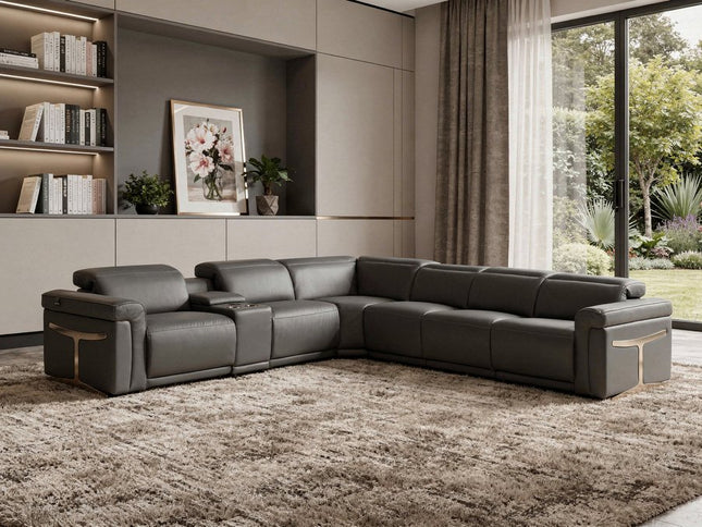 Gray Italian Leather Modular L Shaped Seven Piece Corner Sectional With Console