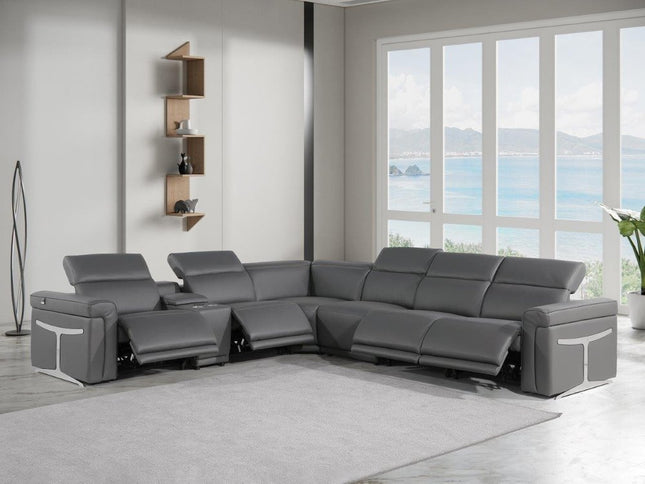 Gray Italian Leather Modular L Shaped Seven Piece Corner Sectional With Console