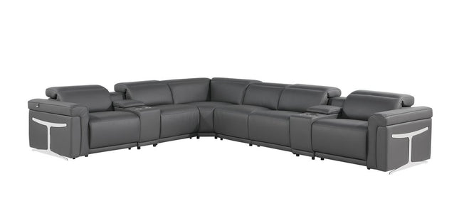 Gray Italian Leather Modular L Shaped Eight Piece Corner Sectional With Console