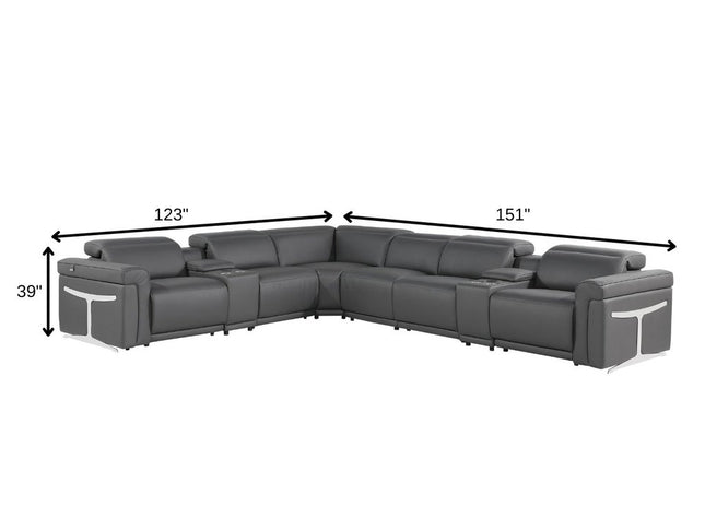 Gray Italian Leather Modular L Shaped Eight Piece Corner Sectional With Console