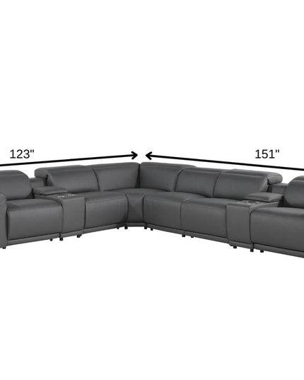 Gray Italian Leather Modular L Shaped Eight Piece Corner Sectional With Console
