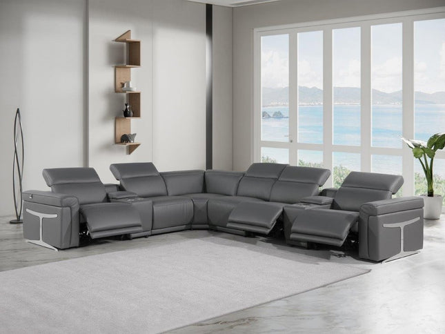 Gray Italian Leather Modular L Shaped Eight Piece Corner Sectional With Console