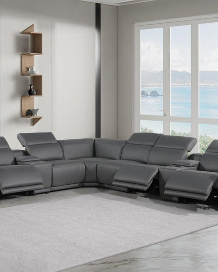 Gray Italian Leather Modular L Shaped Eight Piece Corner Sectional With Console