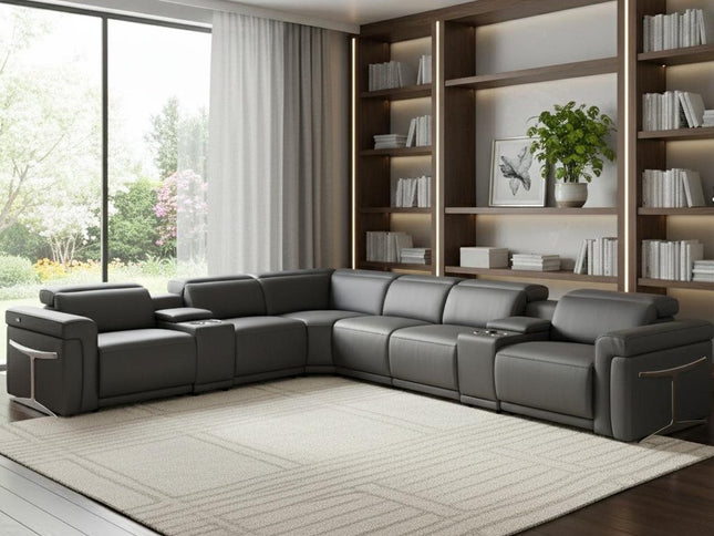 Gray Italian Leather Modular L Shaped Eight Piece Corner Sectional With Console