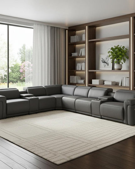 Gray Italian Leather Modular L Shaped Eight Piece Corner Sectional With Console