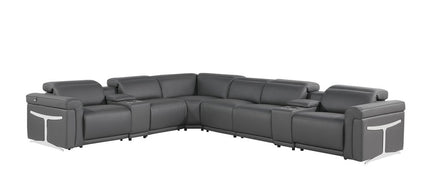 Gray Italian Leather Modular L Shaped Eight Piece Corner Sectional With Console