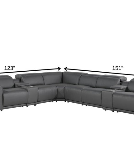 Gray Italian Leather Modular L Shaped Eight Piece Corner Sectional With Console