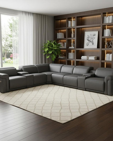 Gray Italian Leather Modular L Shaped Eight Piece Corner Sectional With Console