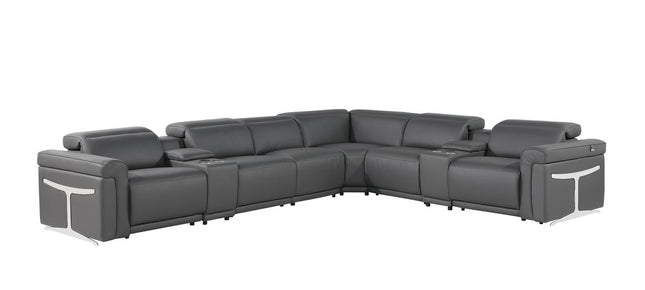 Gray Italian Leather Modular L Shaped Eight Piece Corner Sectional With Console