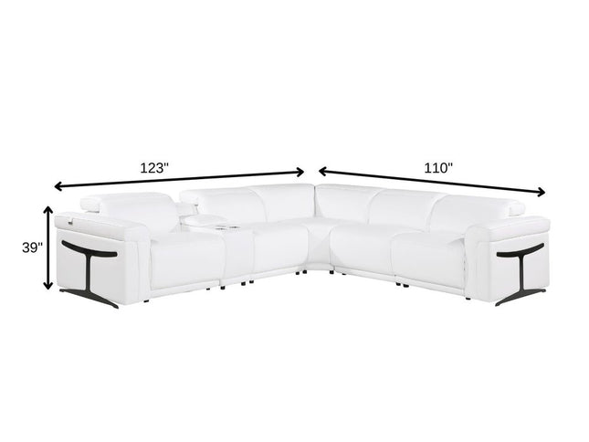 White Italian Leather Modular L Shaped Six Piece Corner Sectional With Console