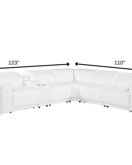 White Italian Leather Modular L Shaped Six Piece Corner Sectional With Console