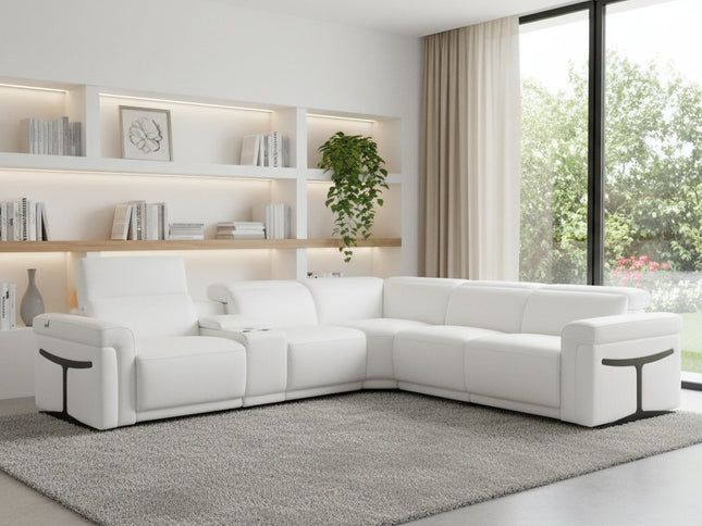 White Italian Leather Modular L Shaped Six Piece Corner Sectional With Console