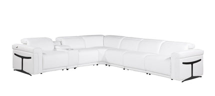 White Italian Leather Modular L Shaped Seven Piece Corner Sectional With Console
