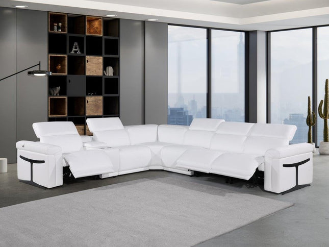 White Italian Leather Modular L Shaped Seven Piece Corner Sectional With Console