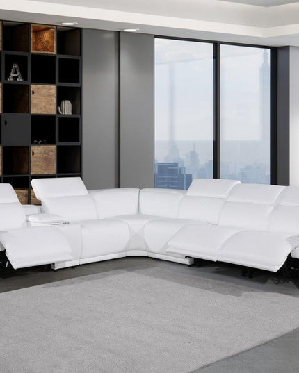 White Italian Leather Modular L Shaped Seven Piece Corner Sectional With Console