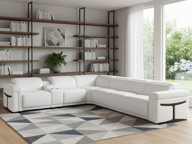 White Italian Leather Modular L Shaped Seven Piece Corner Sectional With Console