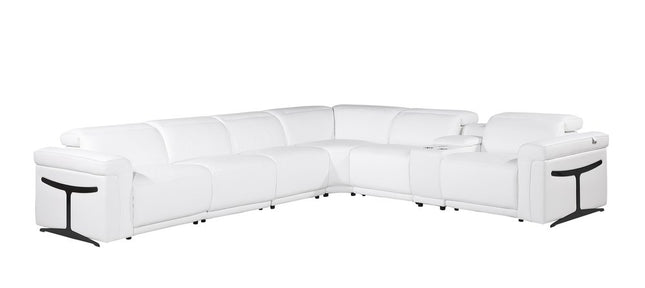 White Italian Leather Modular L Shaped Seven Piece Corner Sectional With Console