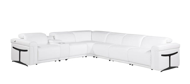 White Italian Leather Modular L Shaped Seven Piece Corner Sectional With Console