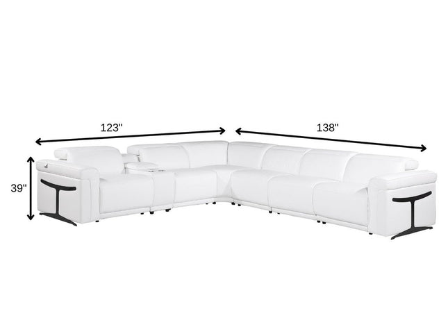 White Italian Leather Modular L Shaped Seven Piece Corner Sectional With Console