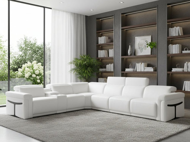 White Italian Leather Modular L Shaped Seven Piece Corner Sectional With Console