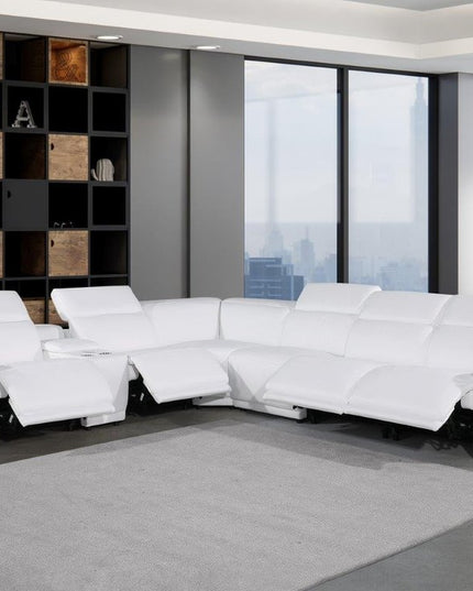 White Italian Leather Modular L Shaped Seven Piece Corner Sectional With Console