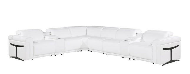 White Italian Leather Modular L Shaped Eight Piece Corner Sectional With Console