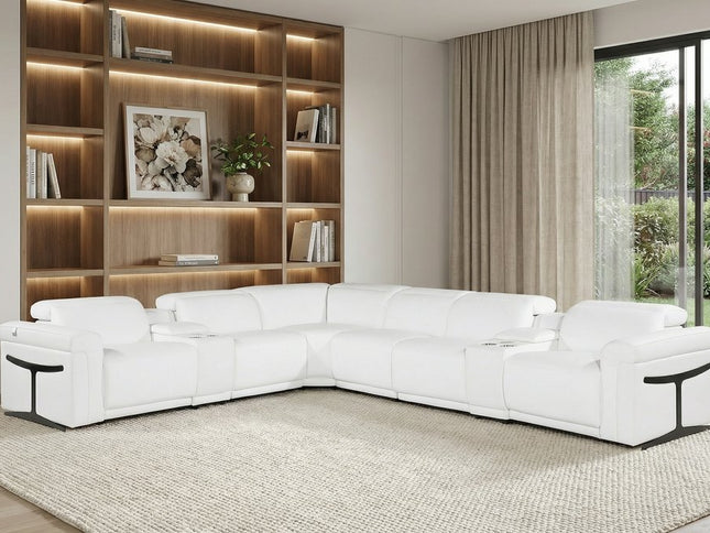 White Italian Leather Modular L Shaped Eight Piece Corner Sectional With Console